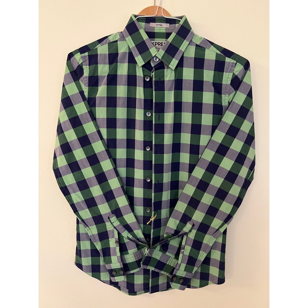 Mens EXPRESS | Button Up | XS | Blue & Green Plaid / Checker l Fitted |